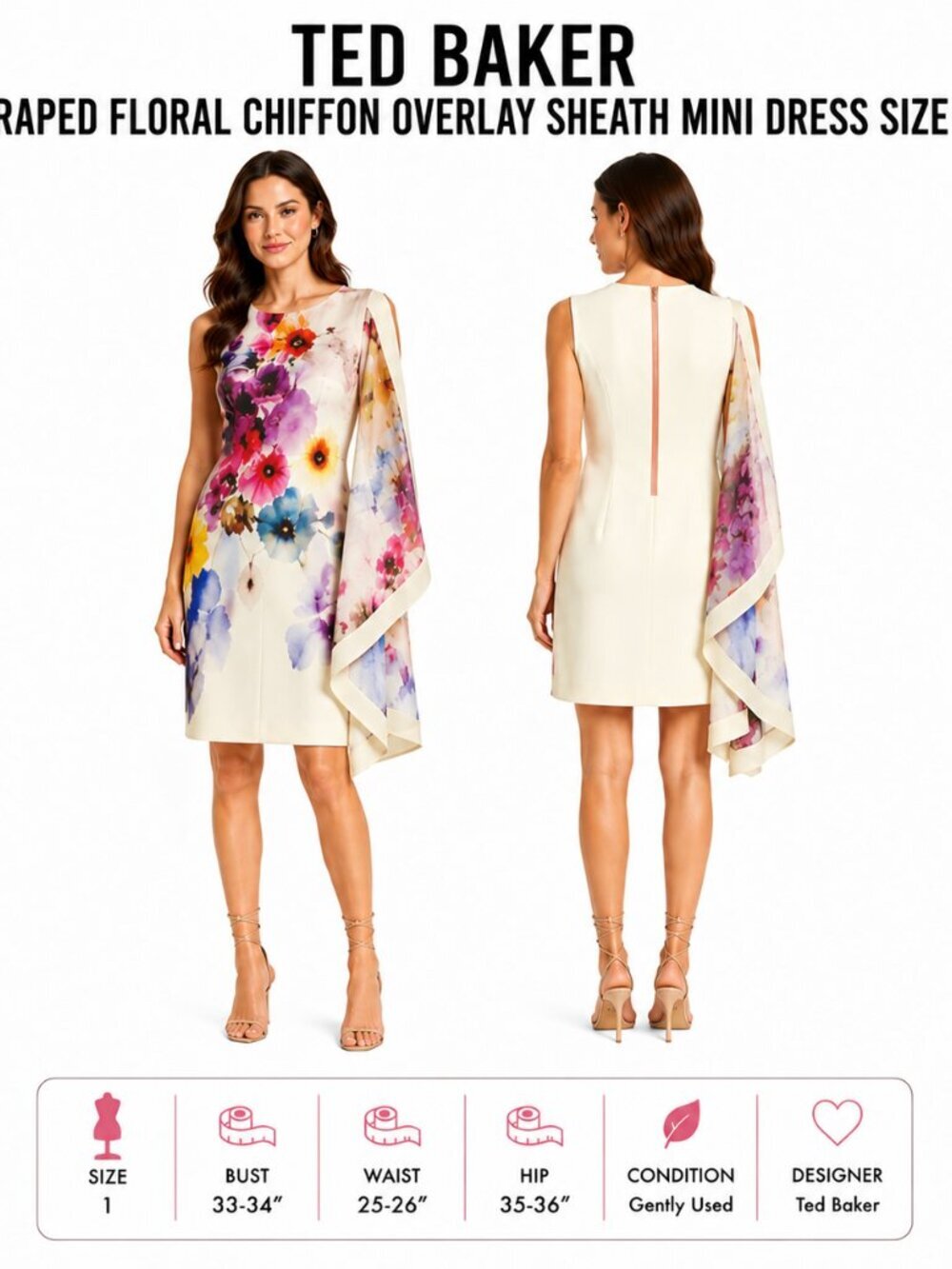 TED BAKER IVORY FLORAL DRAPED CHIFFON OVERLAY SHEATH MINI DRESS SIZE 1